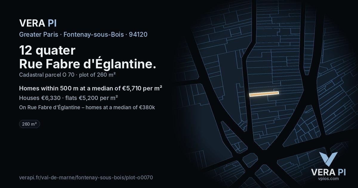 12 quater Rue Fabre d'Églantine, Fontenay-sous-Bois at night – the plot lit, the parcels around coloured by the prices near them