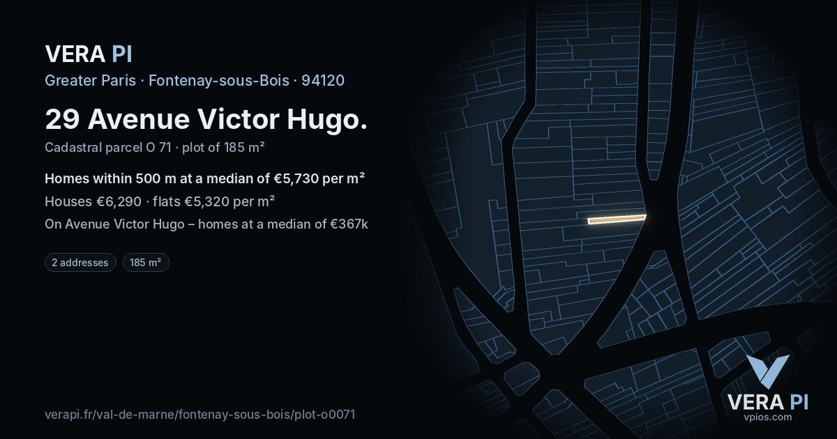 29 Avenue Victor Hugo, Fontenay-sous-Bois at night – the plot lit, the parcels around coloured by the prices near them