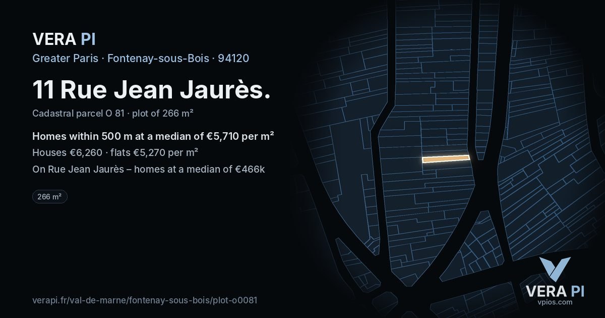 11 Rue Jean Jaurès, Fontenay-sous-Bois at night – the plot lit, the parcels around coloured by the prices near them