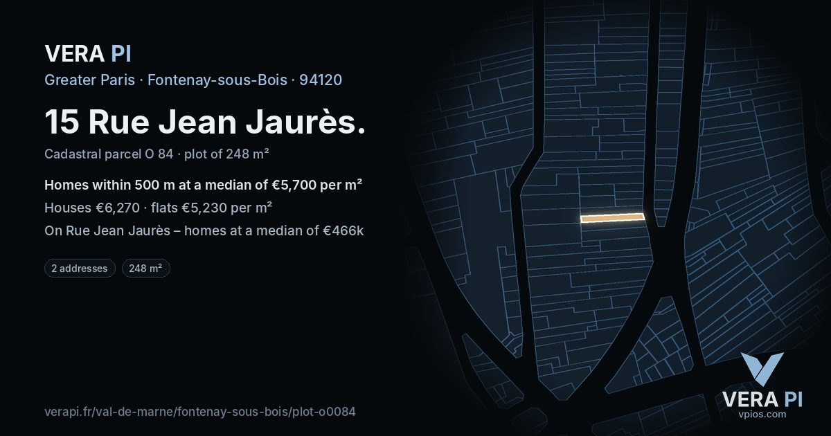15 Rue Jean Jaurès, Fontenay-sous-Bois at night – the plot lit, the parcels around coloured by the prices near them