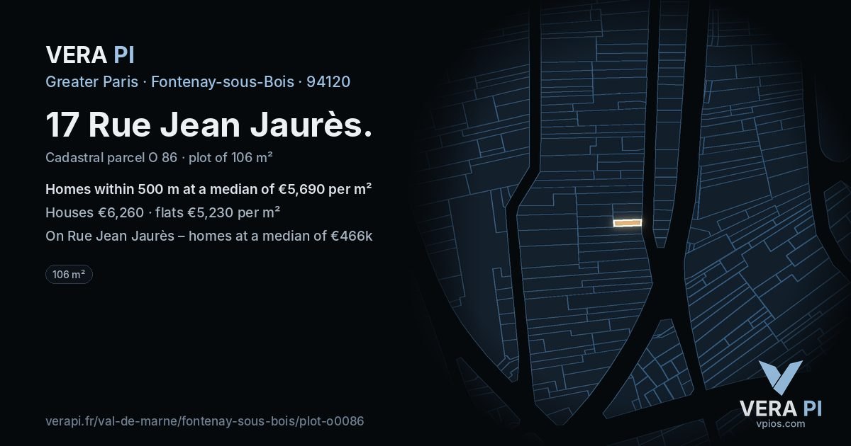 17 Rue Jean Jaurès, Fontenay-sous-Bois at night – the plot lit, the parcels around coloured by the prices near them