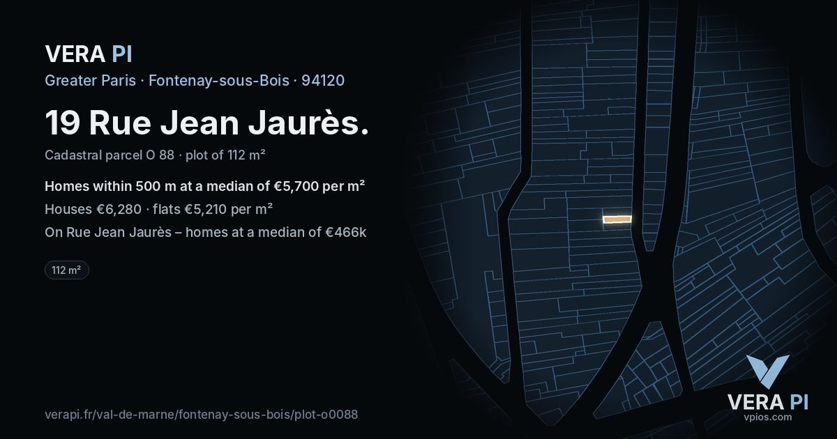 19 Rue Jean Jaurès, Fontenay-sous-Bois at night – the plot lit, the parcels around coloured by the prices near them