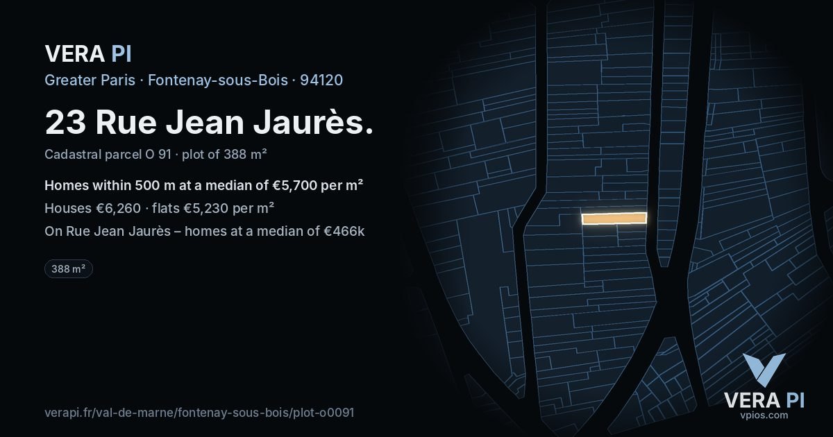 23 Rue Jean Jaurès, Fontenay-sous-Bois at night – the plot lit, the parcels around coloured by the prices near them