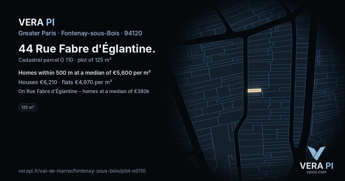 44 Rue Fabre d'Églantine, Fontenay-sous-Bois at night – the plot lit, the parcels around coloured by the prices near them