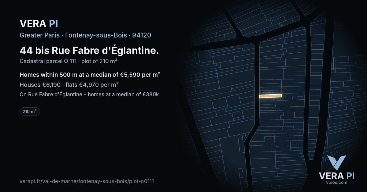 44 bis Rue Fabre d'Églantine, Fontenay-sous-Bois at night – the plot lit, the parcels around coloured by the prices near them