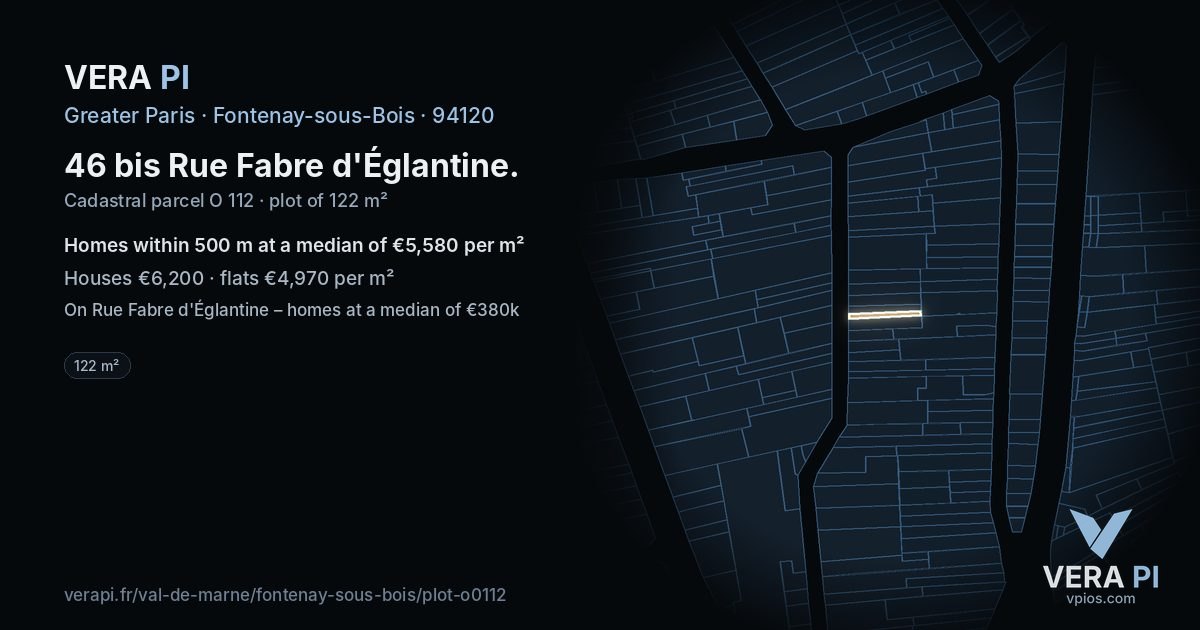 46 bis Rue Fabre d'Églantine, Fontenay-sous-Bois at night – the plot lit, the parcels around coloured by the prices near them
