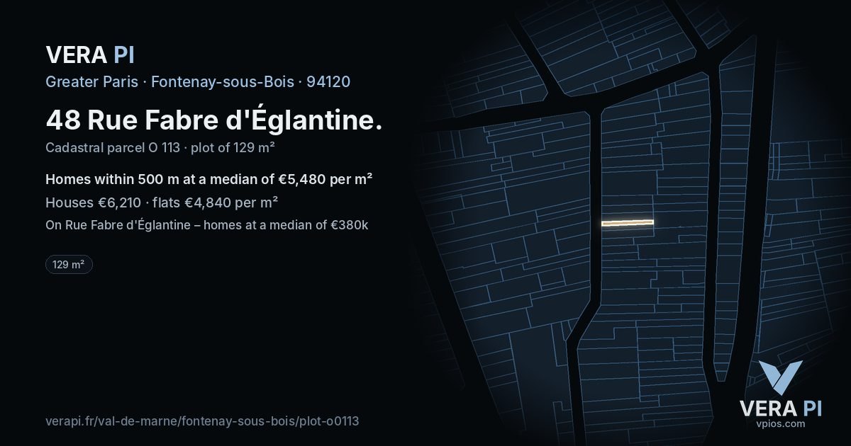 48 Rue Fabre d'Églantine, Fontenay-sous-Bois at night – the plot lit, the parcels around coloured by the prices near them