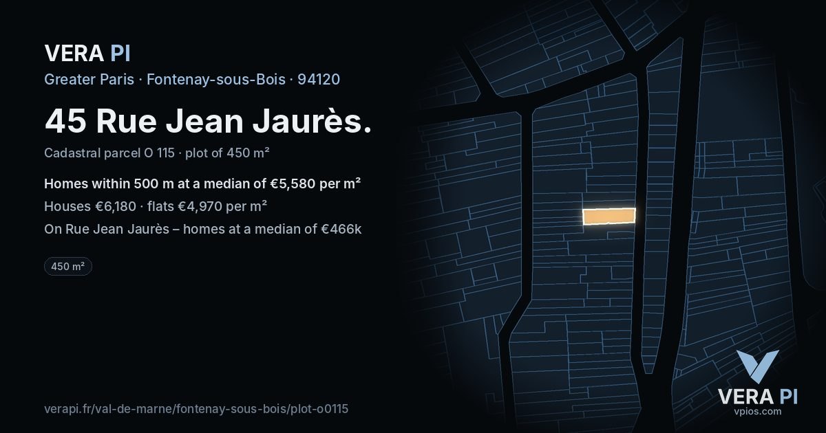45 Rue Jean Jaurès, Fontenay-sous-Bois at night – the plot lit, the parcels around coloured by the prices near them