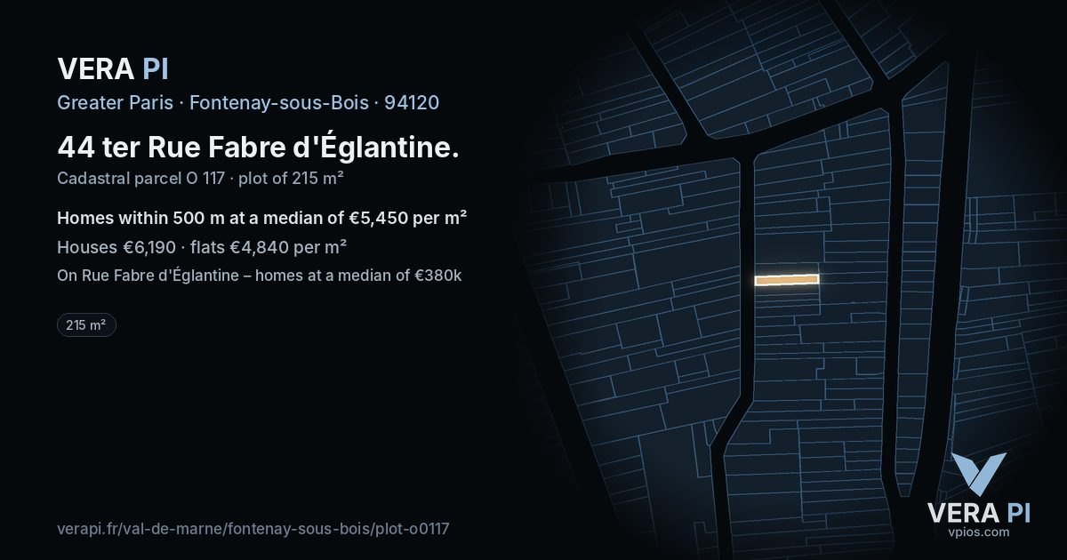 44 ter Rue Fabre d'Églantine, Fontenay-sous-Bois at night – the plot lit, the parcels around coloured by the prices near them