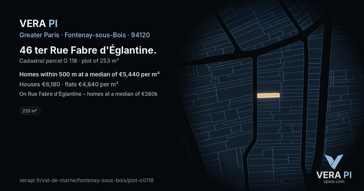 46 ter Rue Fabre d'Églantine, Fontenay-sous-Bois at night – the plot lit, the parcels around coloured by the prices near them