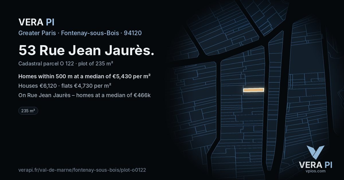 53 Rue Jean Jaurès, Fontenay-sous-Bois at night – the plot lit, the parcels around coloured by the prices near them