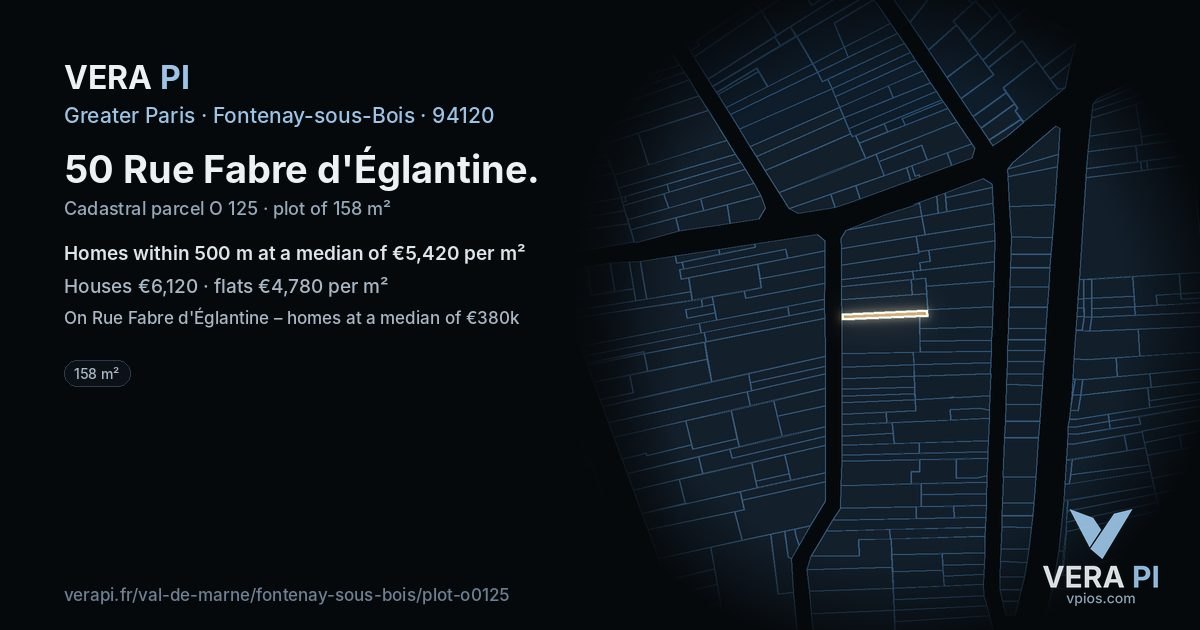 50 Rue Fabre d'Églantine, Fontenay-sous-Bois at night – the plot lit, the parcels around coloured by the prices near them