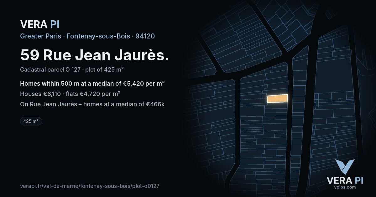 59 Rue Jean Jaurès, Fontenay-sous-Bois at night – the plot lit, the parcels around coloured by the prices near them