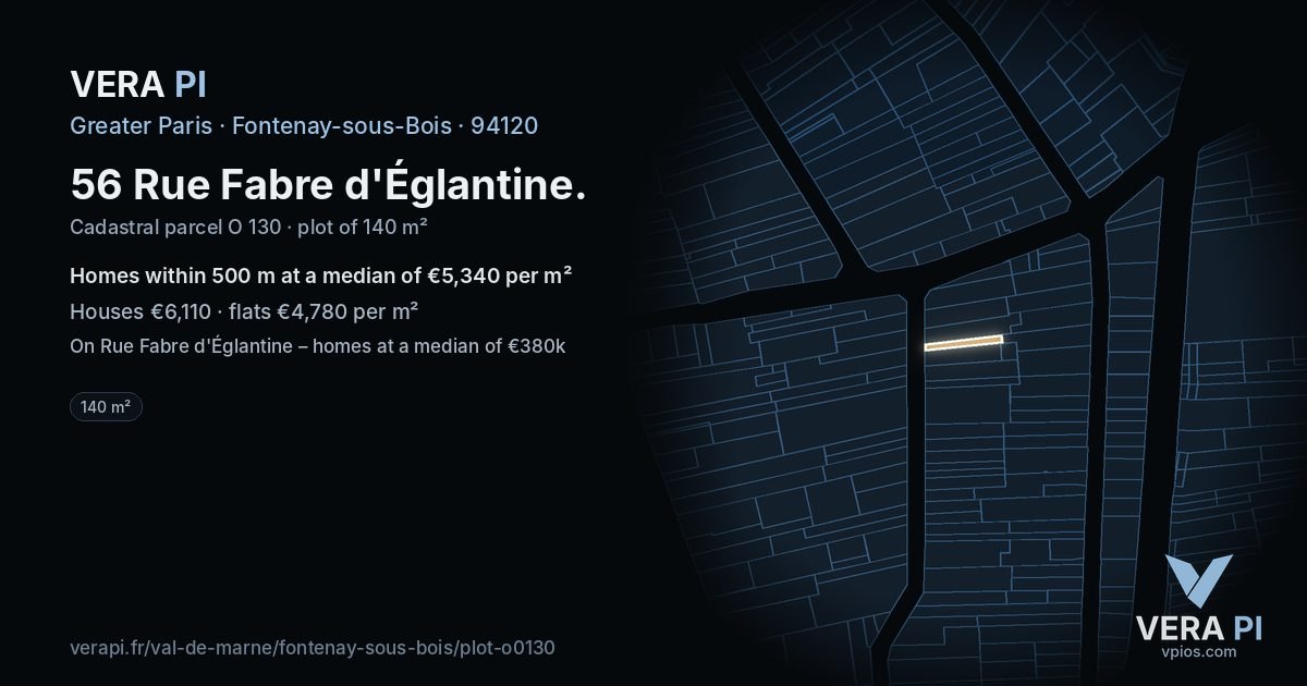 56 Rue Fabre d'Églantine, Fontenay-sous-Bois at night – the plot lit, the parcels around coloured by the prices near them