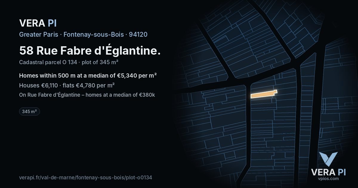 58 Rue Fabre d'Églantine, Fontenay-sous-Bois at night – the plot lit, the parcels around coloured by the prices near them