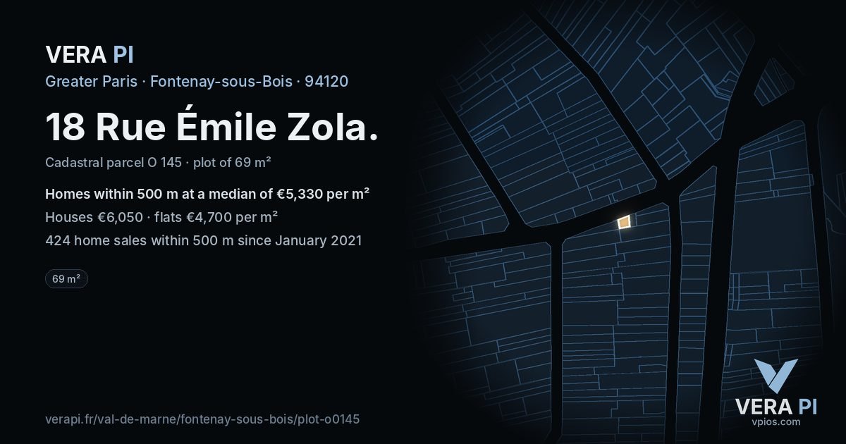 18 Rue Émile Zola, Fontenay-sous-Bois at night – the plot lit, the parcels around coloured by the prices near them