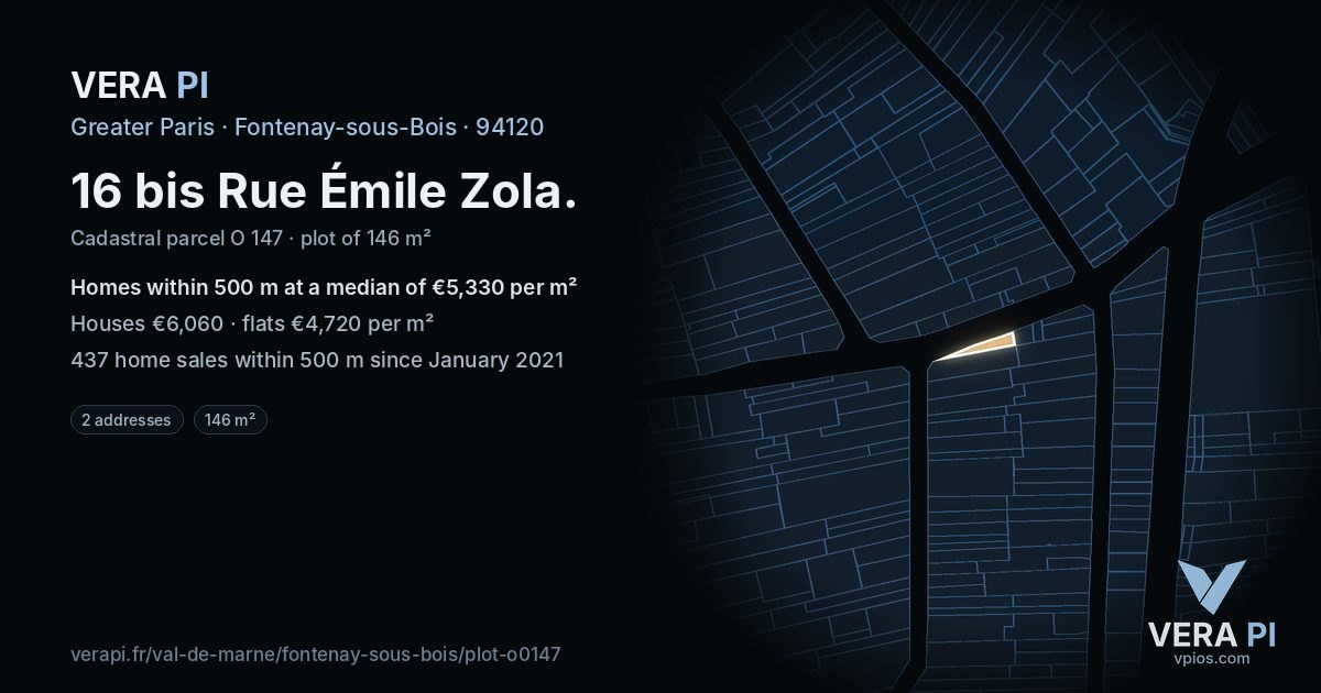 16 bis Rue Émile Zola, Fontenay-sous-Bois at night – the plot lit, the parcels around coloured by the prices near them