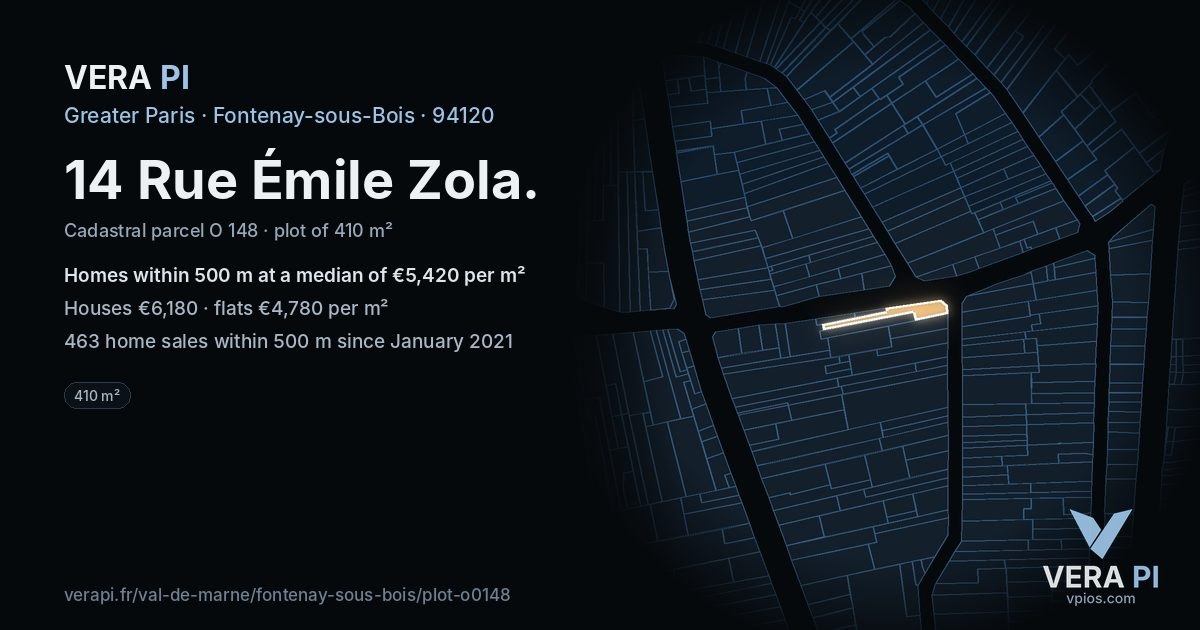 14 Rue Émile Zola, Fontenay-sous-Bois at night – the plot lit, the parcels around coloured by the prices near them