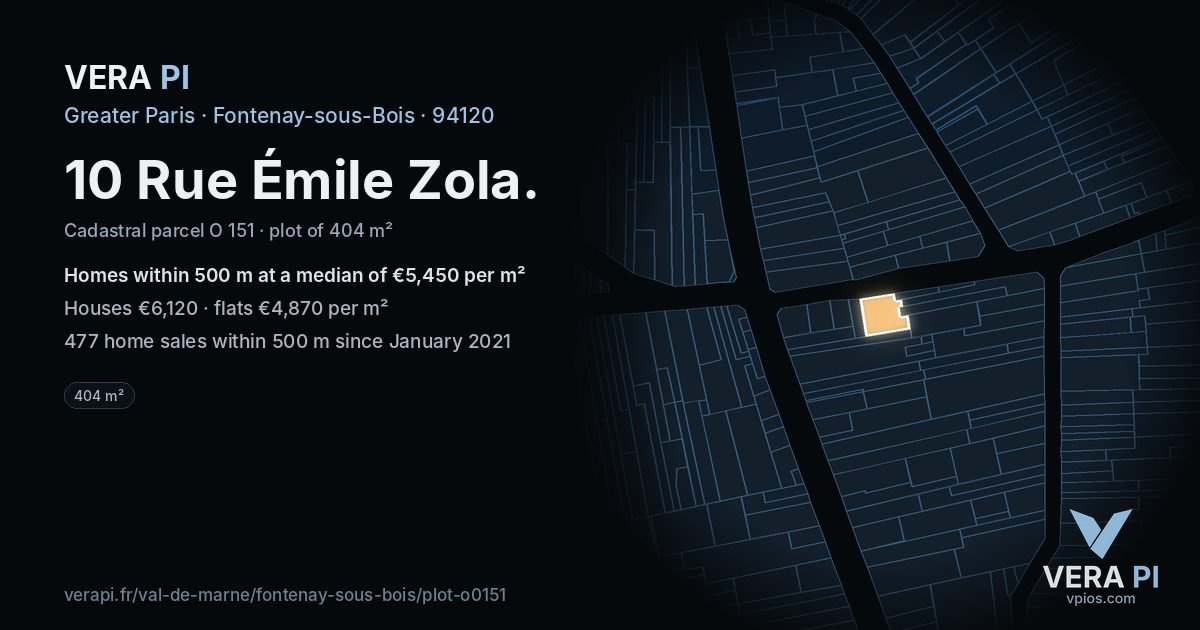10 Rue Émile Zola, Fontenay-sous-Bois at night – the plot lit, the parcels around coloured by the prices near them