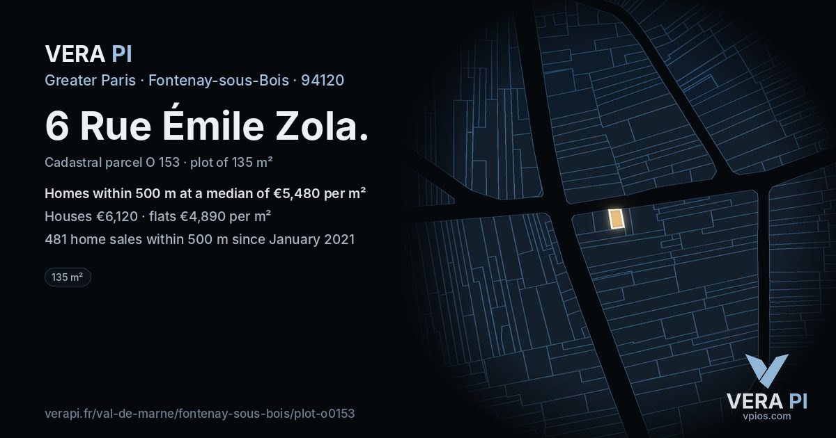 6 Rue Émile Zola, Fontenay-sous-Bois at night – the plot lit, the parcels around coloured by the prices near them