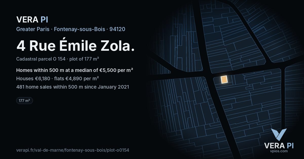 4 Rue Émile Zola, Fontenay-sous-Bois at night – the plot lit, the parcels around coloured by the prices near them