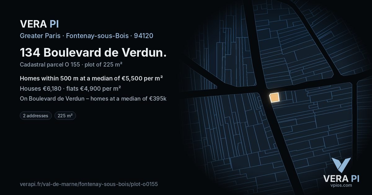134 Boulevard de Verdun, Fontenay-sous-Bois at night – the plot lit, the parcels around coloured by the prices near them