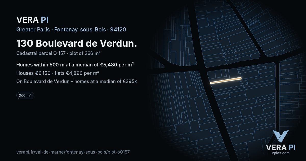 130 Boulevard de Verdun, Fontenay-sous-Bois at night – the plot lit, the parcels around coloured by the prices near them