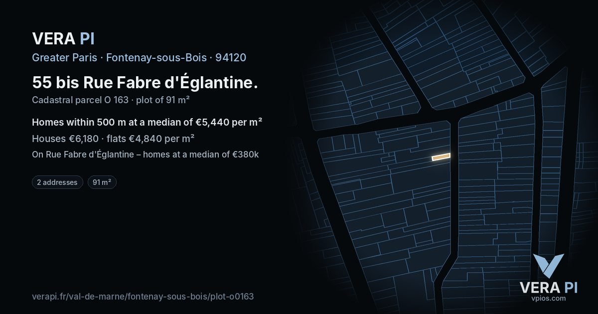 55 bis Rue Fabre d'Églantine, Fontenay-sous-Bois at night – the plot lit, the parcels around coloured by the prices near them