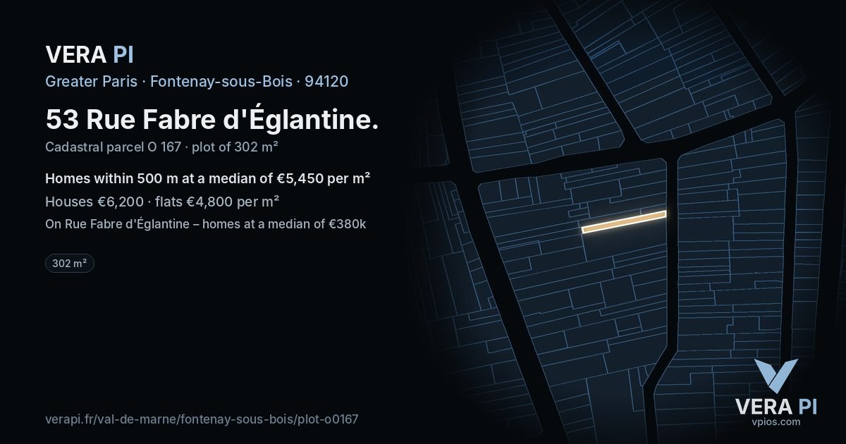 53 Rue Fabre d'Églantine, Fontenay-sous-Bois at night – the plot lit, the parcels around coloured by the prices near them