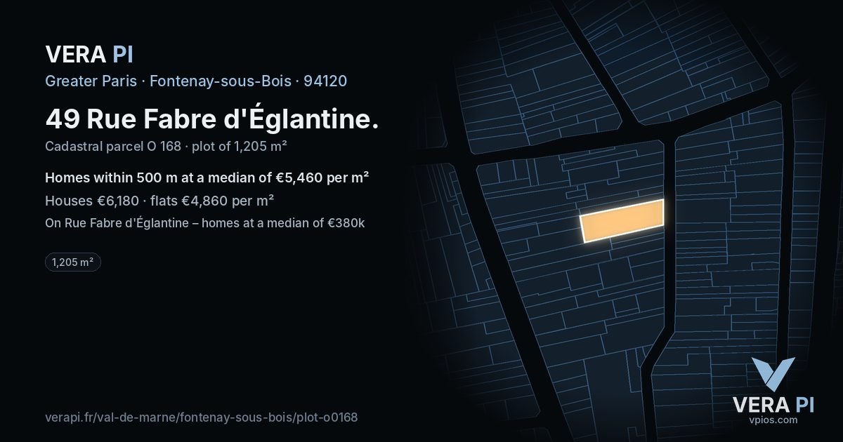 49 Rue Fabre d'Églantine, Fontenay-sous-Bois at night – the plot lit, the parcels around coloured by the prices near them