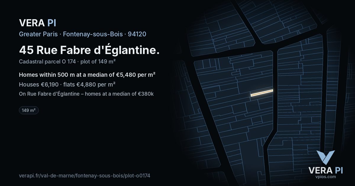 45 Rue Fabre d'Églantine, Fontenay-sous-Bois at night – the plot lit, the parcels around coloured by the prices near them