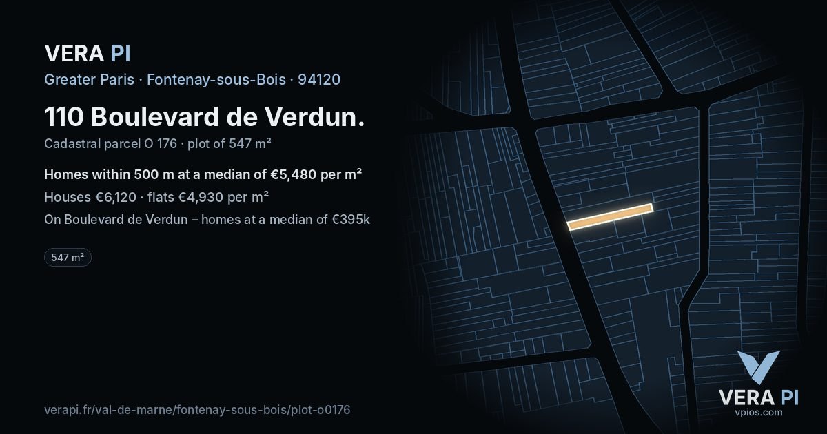110 Boulevard de Verdun, Fontenay-sous-Bois at night – the plot lit, the parcels around coloured by the prices near them