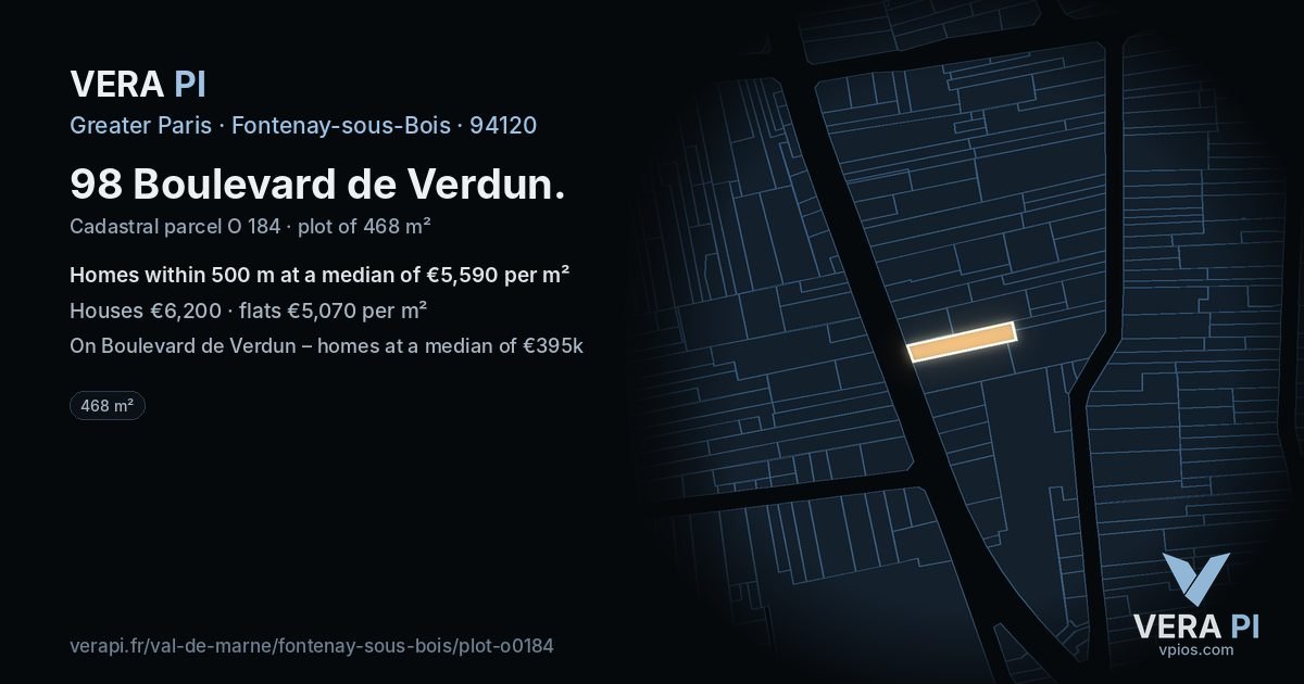 98 Boulevard de Verdun, Fontenay-sous-Bois at night – the plot lit, the parcels around coloured by the prices near them