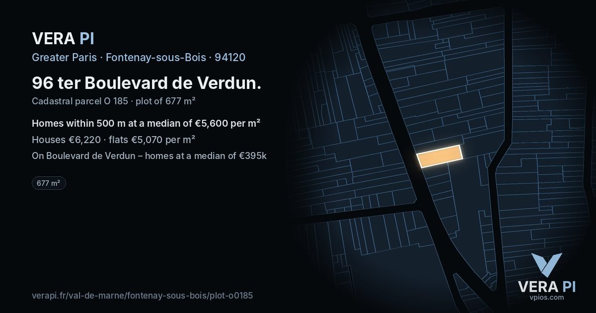 96 ter Boulevard de Verdun, Fontenay-sous-Bois at night – the plot lit, the parcels around coloured by the prices near them