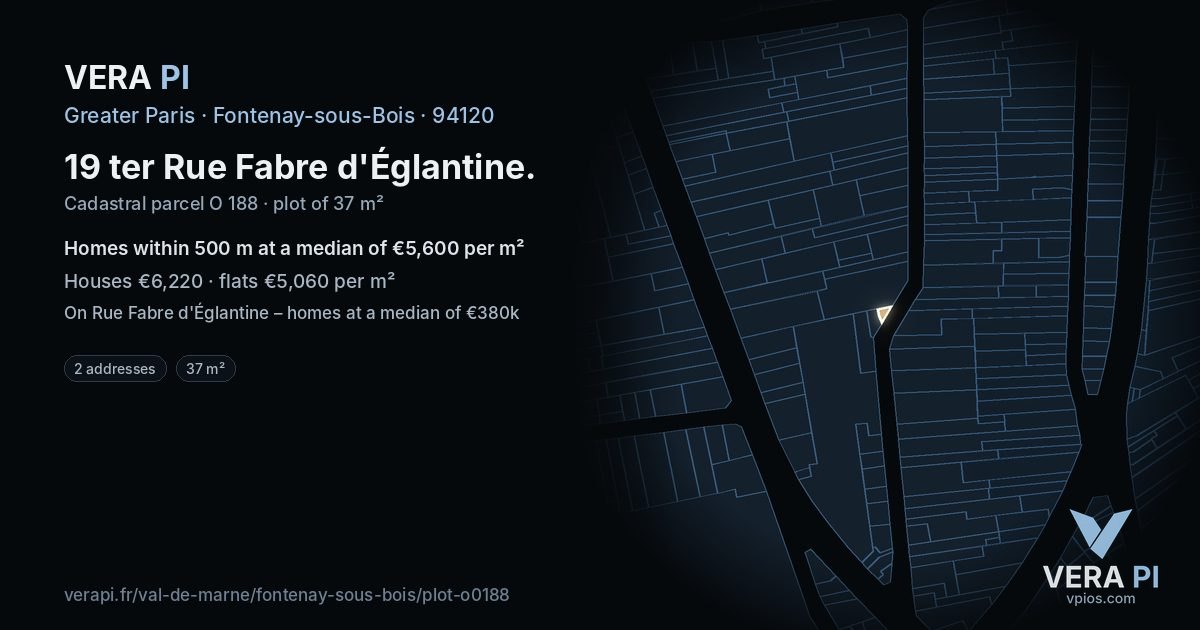 19 ter Rue Fabre d'Églantine, Fontenay-sous-Bois at night – the plot lit, the parcels around coloured by the prices near them