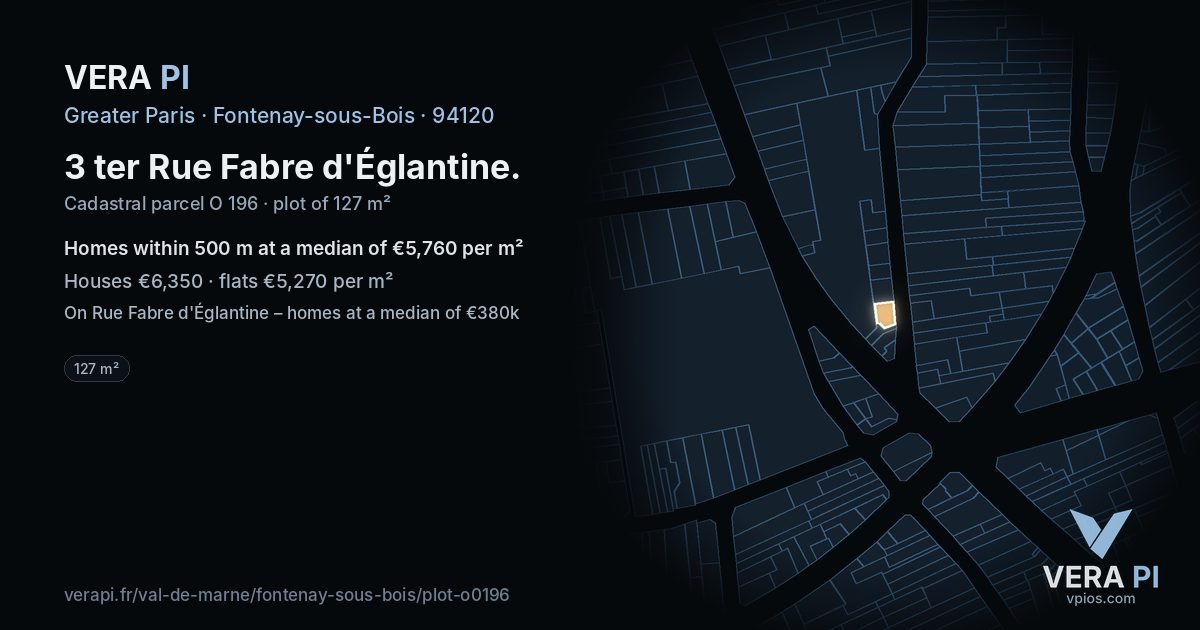 3 ter Rue Fabre d'Églantine, Fontenay-sous-Bois at night – the plot lit, the parcels around coloured by the prices near them