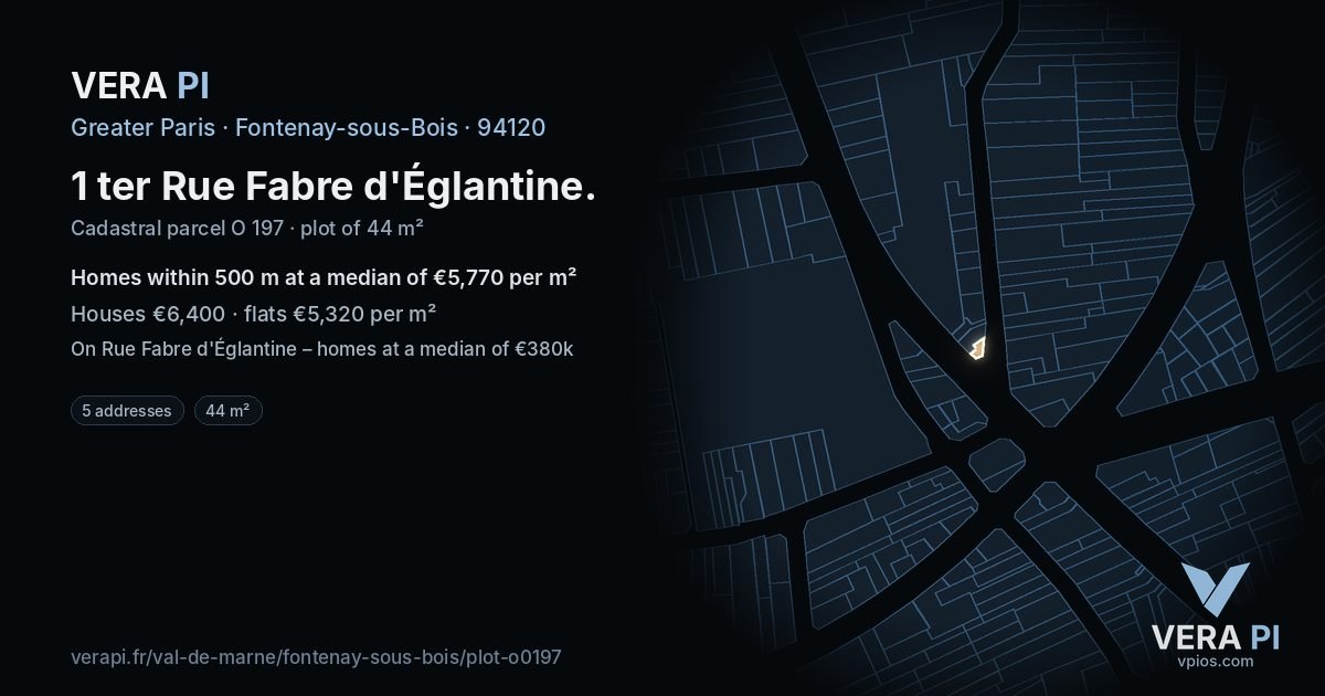 1 ter Rue Fabre d'Églantine, Fontenay-sous-Bois at night – the plot lit, the parcels around coloured by the prices near them