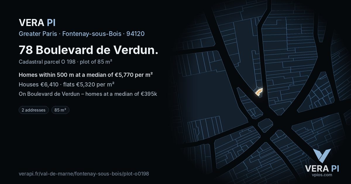 78 Boulevard de Verdun, Fontenay-sous-Bois at night – the plot lit, the parcels around coloured by the prices near them