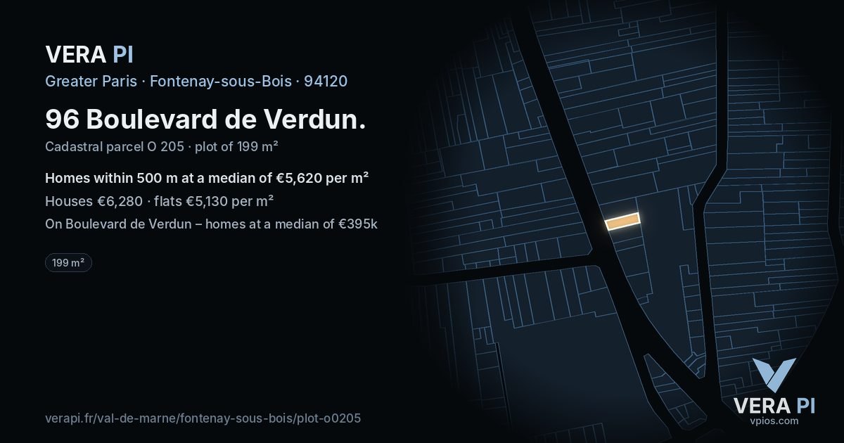 96 Boulevard de Verdun, Fontenay-sous-Bois at night – the plot lit, the parcels around coloured by the prices near them