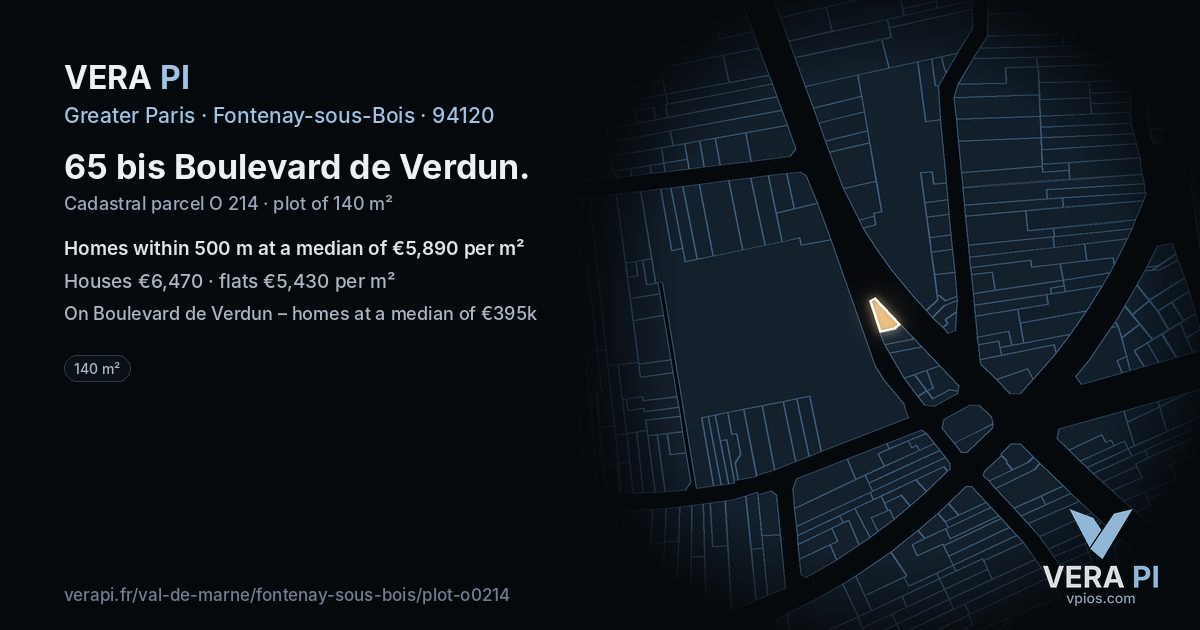 65 bis Boulevard de Verdun, Fontenay-sous-Bois at night – the plot lit, the parcels around coloured by the prices near them