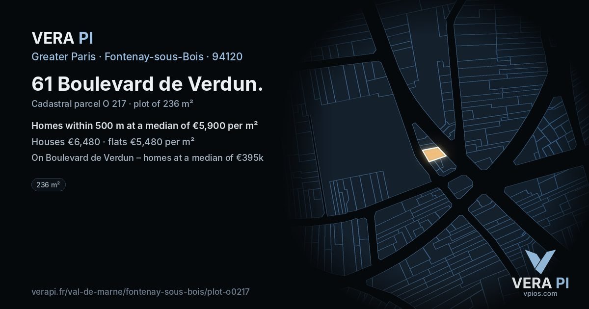 61 Boulevard de Verdun, Fontenay-sous-Bois at night – the plot lit, the parcels around coloured by the prices near them