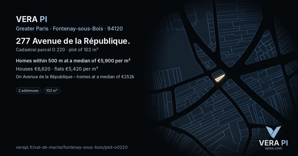 277 Avenue de la République, Fontenay-sous-Bois at night – the plot lit, the parcels around coloured by the prices near them