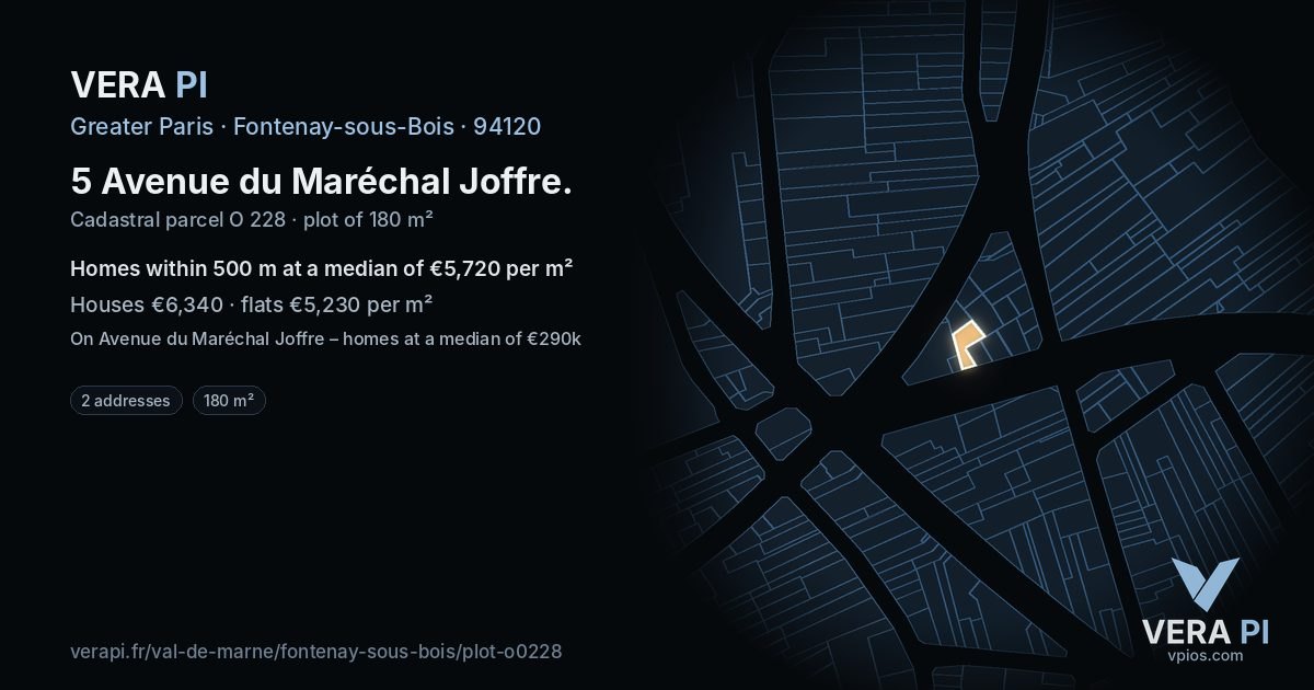 5 Avenue du Maréchal Joffre, Fontenay-sous-Bois at night – the plot lit, the parcels around coloured by the prices near them
