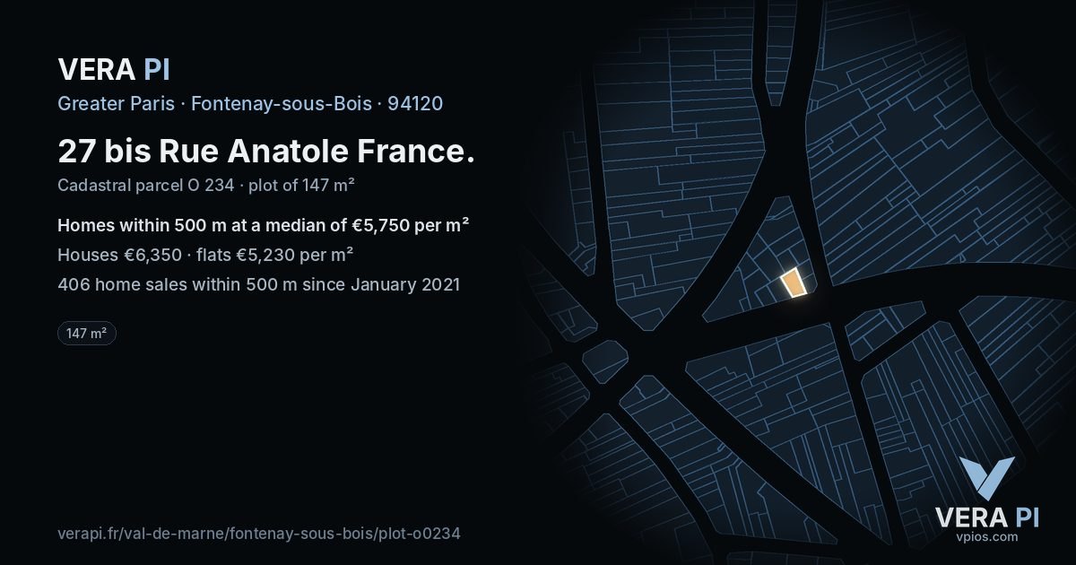 27 bis Rue Anatole France, Fontenay-sous-Bois at night – the plot lit, the parcels around coloured by the prices near them