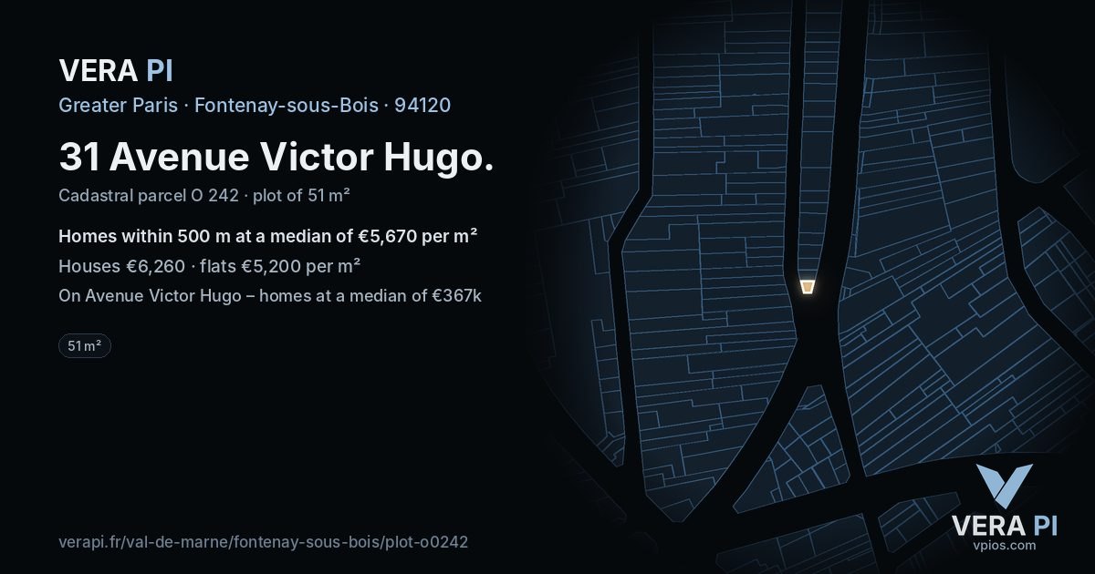 31 Avenue Victor Hugo, Fontenay-sous-Bois at night – the plot lit, the parcels around coloured by the prices near them
