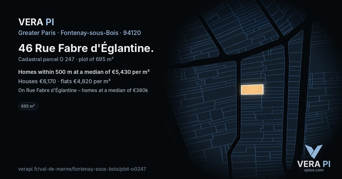 46 Rue Fabre d'Églantine, Fontenay-sous-Bois at night – the plot lit, the parcels around coloured by the prices near them