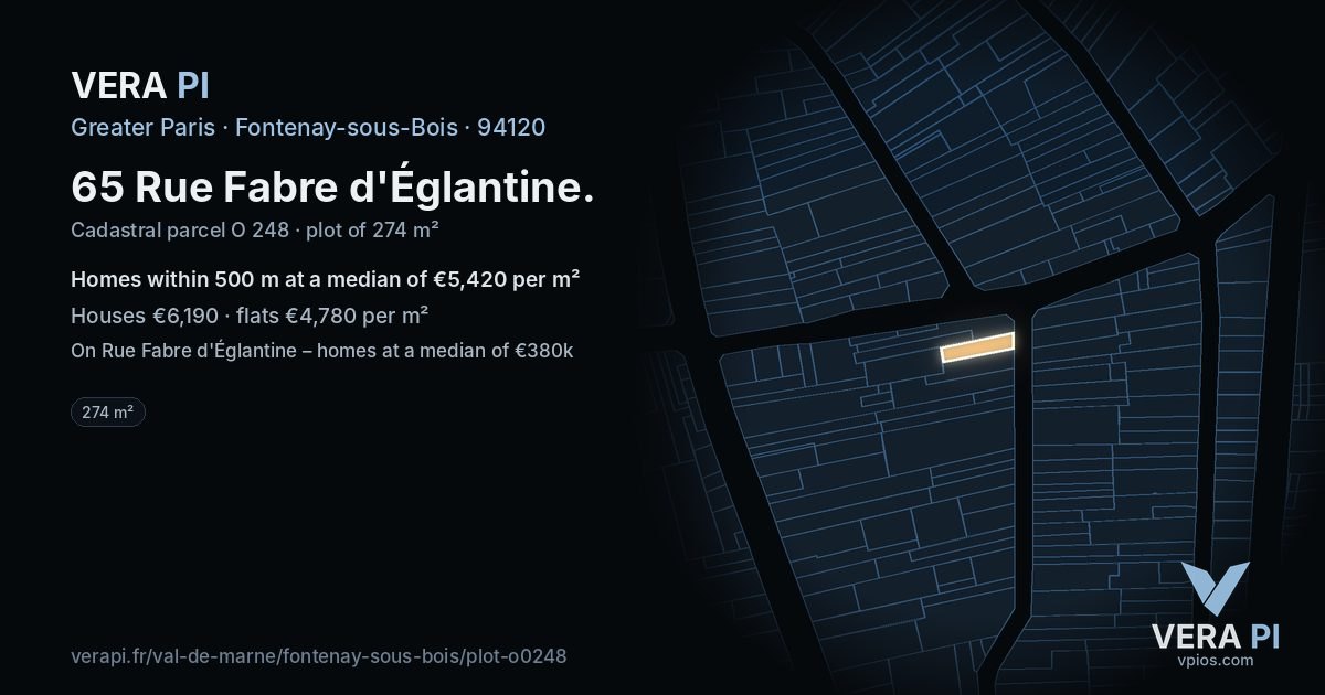 65 Rue Fabre d'Églantine, Fontenay-sous-Bois at night – the plot lit, the parcels around coloured by the prices near them