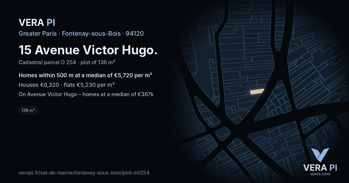 15 Avenue Victor Hugo, Fontenay-sous-Bois at night – the plot lit, the parcels around coloured by the prices near them