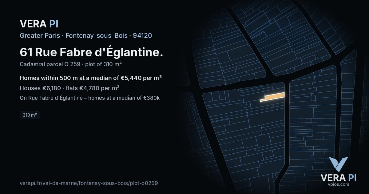 61 Rue Fabre d'Églantine, Fontenay-sous-Bois at night – the plot lit, the parcels around coloured by the prices near them