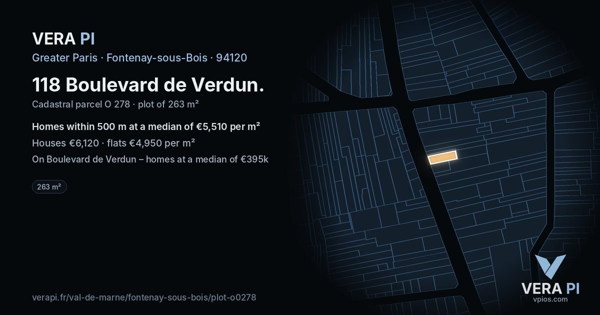 118 Boulevard de Verdun, Fontenay-sous-Bois at night – the plot lit, the parcels around coloured by the prices near them